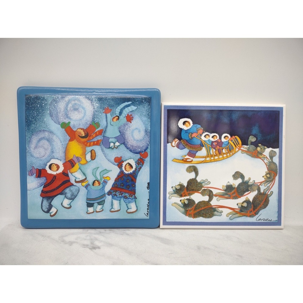 Lot of 2 Barbara Lavallee Ceramic Tile Wall Decor Alaska Children Sled Dogs Snow